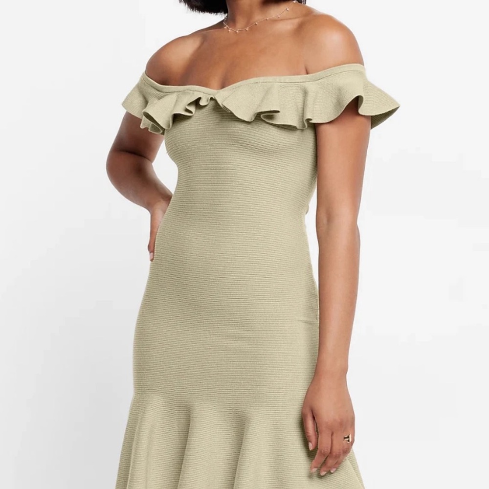 Express Elegant Off-Shoulder Ruffle Dress in Olive